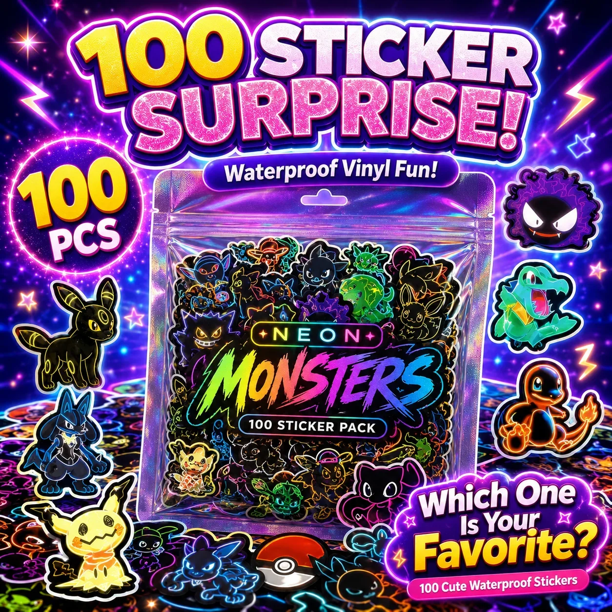 100pcs Neon  Pokémon  Stickers - огляд і ціна Luggage